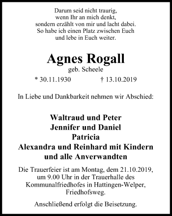 Traueranzeige von Agnes Rogall von Stadtanzeiger Velbert + Heiligenhaus