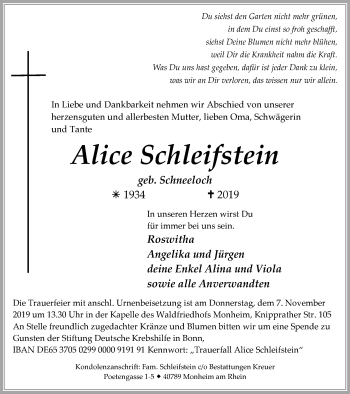 Traueranzeige von Alice Schleifstein von Wochen-Anzeiger Langenfeld/Monheim/Hilden