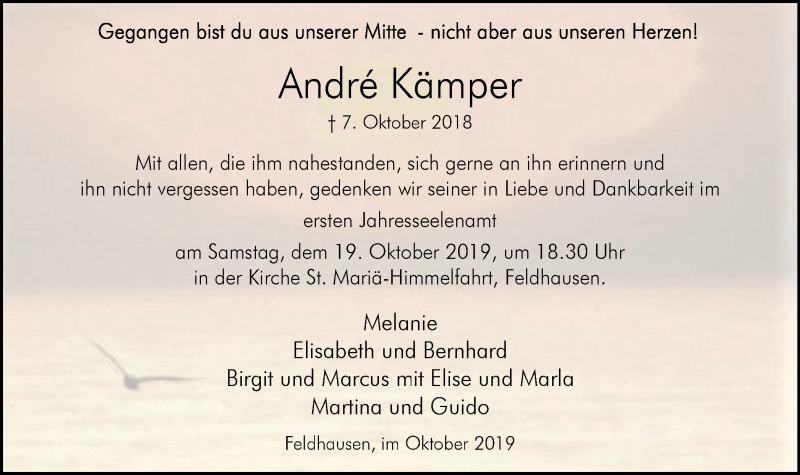  Traueranzeige für André Kämper vom 16.10.2019 aus Stadtspiegel Bottrop
