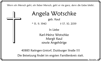 Traueranzeige von Angela Wotschke von WVW Anzeigenblätter