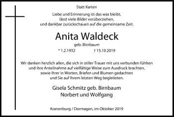 Traueranzeige von Anita Waldeck von Klever + Gocher Wochenblatt + Stadtanzeiger Emmerich