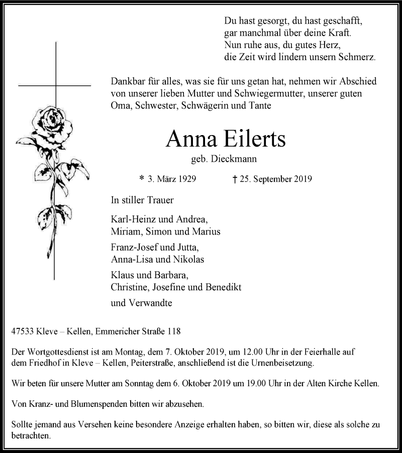  Traueranzeige für Anna Eilerts vom 02.10.2019 aus WVW Anzeigenblätter