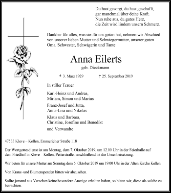 Traueranzeige von Anna Eilerts von WVW Anzeigenblätter