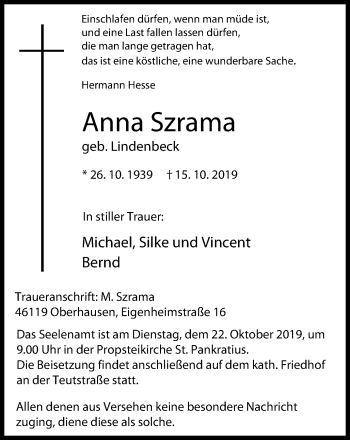 Traueranzeige von Anna Szrama von Wochen-Anzeiger Oberhausen