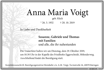 Traueranzeige von Anna Maria Voigt von WVW Anzeigenblätter