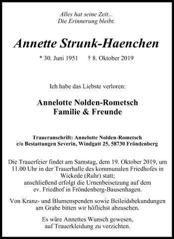 Traueranzeige von Annette Strunk-Haenchen von Stadtspiegel Menden + Froendenberg
