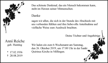 Traueranzeige von Anni Reiche von Stadtanzeiger Emmerich/Rees/Isselburg