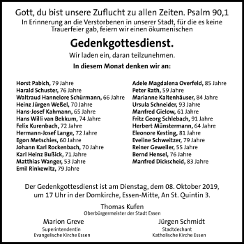 Traueranzeige von Bestattungen vom 05.10.2019 von Stadtspiegel Essen
