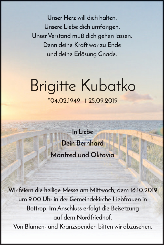  Traueranzeige für Brigitte Kubatko vom 12.10.2019 aus Stadtspiegel Bottrop