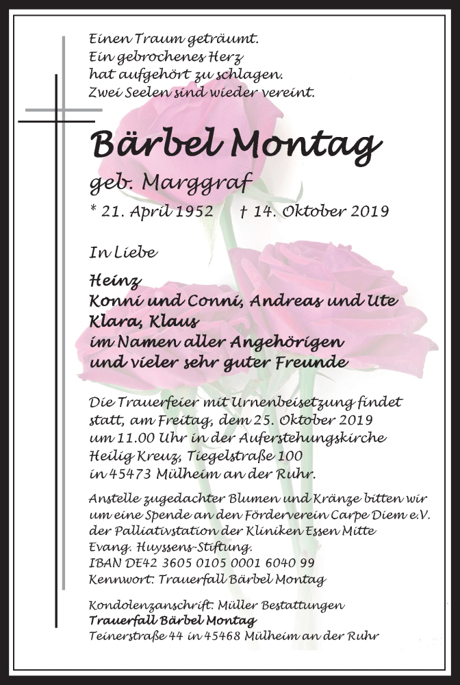  Traueranzeige für Bärbel Montag vom 19.10.2019 aus Mülheimer Woche
