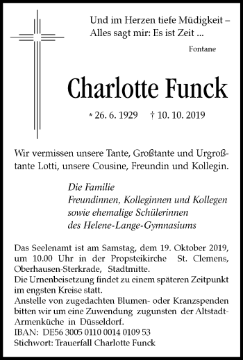 Traueranzeige von Charlotte Funck von Wochen-Anzeiger Oberhausen