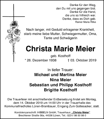 Traueranzeige von Christa Marie Meier von Lüner Anzeiger