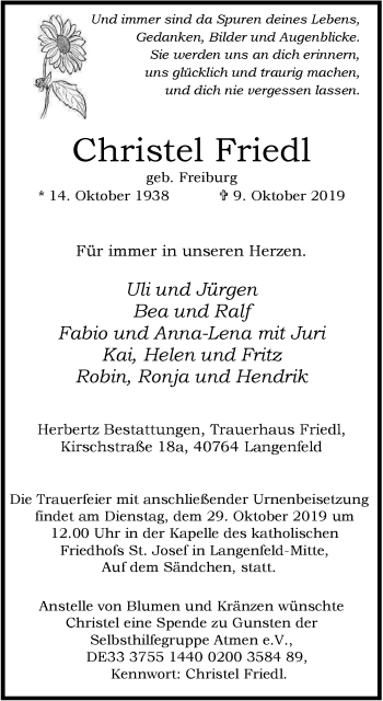 Traueranzeige von Christel Friedl von Wochen-Anzeiger Langenfeld/Monheim/Hilden