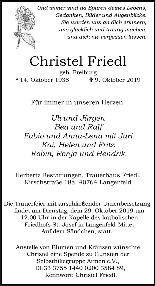  Traueranzeige für Christel Friedl vom 26.10.2019 aus Wochen-Anzeiger Langenfeld/Monheim/Hilden