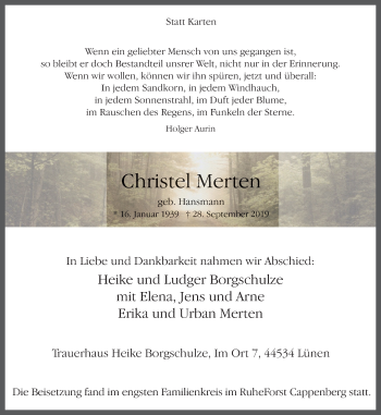 Traueranzeige von Christel Merten von Lüner Anzeiger