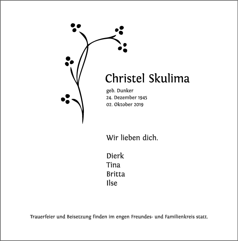  Traueranzeige für Christel Skulima vom 09.10.2019 aus Wochenblatt Herne/Wanne-Eickel