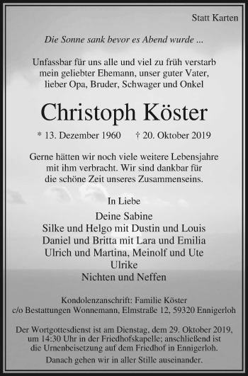 Traueranzeige von Christoph Köster von Stadtspiegel Menden + Froendenberg