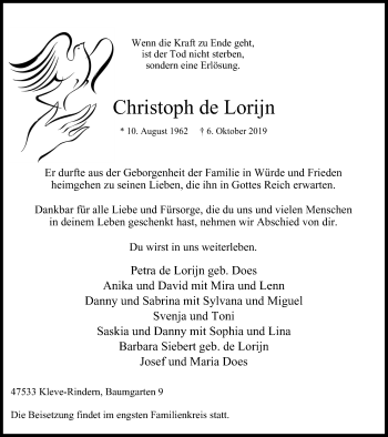 Traueranzeige von Christoph de Lorijn von Klever Wochenblatt