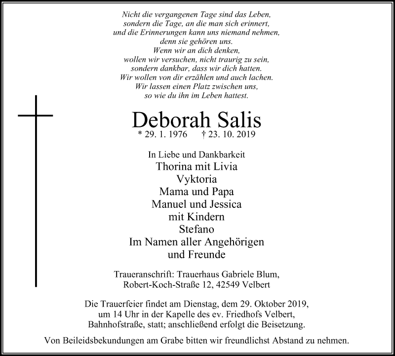  Traueranzeige für Deborah Salis vom 26.10.2019 aus Stadtanzeiger Velbert + Heiligenhaus