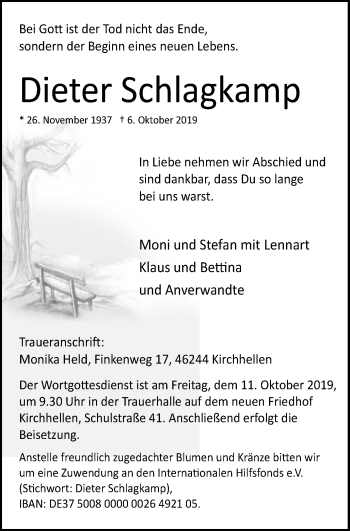 Traueranzeige von Dieter Schlagkamp von Stadtspiegel Bottrop