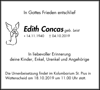 Traueranzeige von Edith Concas von Stadtspiegel Gelsenkirchen