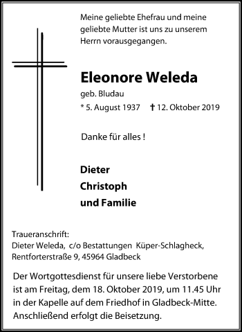 Traueranzeige von Eleonore Weleda von Stadtspiegel Gladbeck