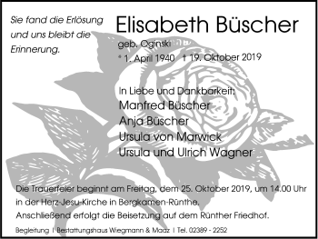 Traueranzeige von Elisabeth Büscher von Stadtspiegel Kamen + Unna