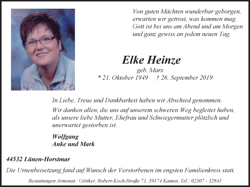  Traueranzeige für Elke Heinze vom 19.10.2019 aus Lüner Anzeiger