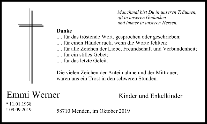  Traueranzeige für Emmi Werner vom 19.10.2019 aus Stadtspiegel Menden + Froendenberg