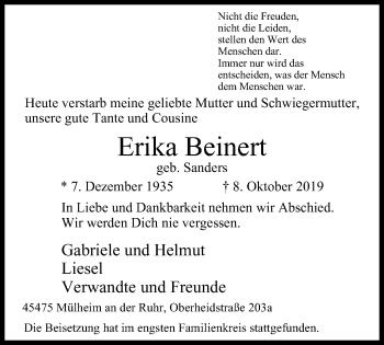 Traueranzeige von Erika Beinert von Mülheimer Woche