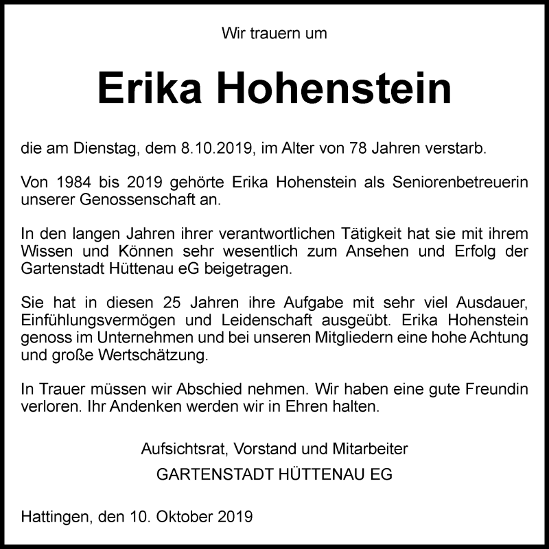  Traueranzeige für Erika Hohenstein vom 16.10.2019 aus Stadtspiegel Hattingen/Niedersprockhövel