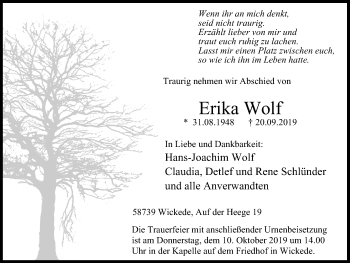 Traueranzeige von Erika Wolf von WVW Anzeigenblätter