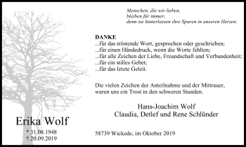 Traueranzeige von Erika Wolf von Stadtspiegel Menden + Froendenberg