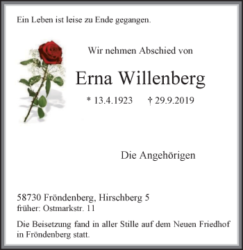 Traueranzeige von Erna Willenberg von Stadtspiegel Menden + Froendenberg