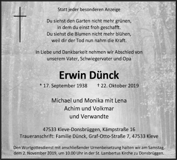 Traueranzeige von Erwin Dünck von Klever Wochenblatt