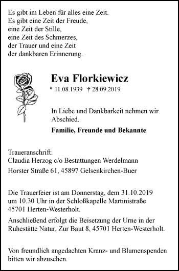 Traueranzeige von Eva Florkiewicz von Stadtspiegel Gelsenkirchen