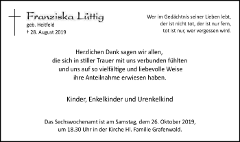 Traueranzeige von Franziska Lüttig von Stadtspiegel Bottrop