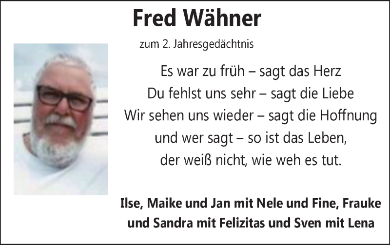  Traueranzeige für Fred Wähner vom 30.10.2019 aus Stadtanzeiger Velbert + Heiligenhaus