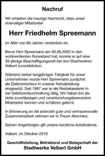 Traueranzeige von Friedhelm Spreemann von Stadtanzeiger Velbert + Heiligenhaus