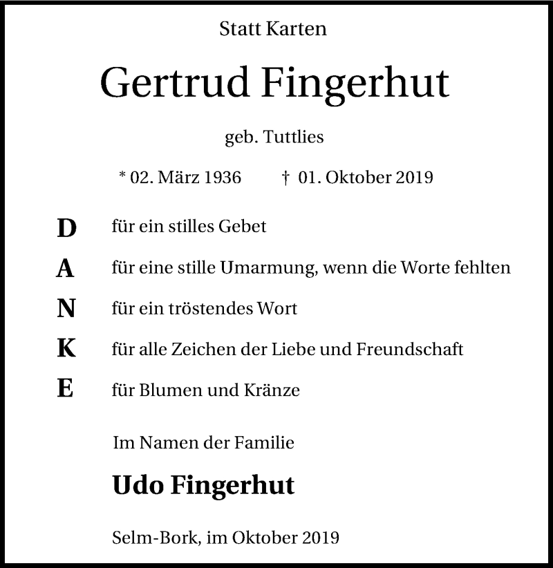  Traueranzeige für Gertrud Fingerhut vom 26.10.2019 aus Lüner Anzeiger