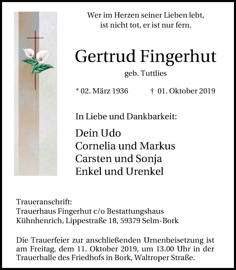  Traueranzeige für Gertrud Fingerhut vom 05.10.2019 aus Lüner Anzeiger