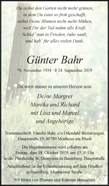 Traueranzeige von Günter Bahr von Wochen-Anzeiger Langenfeld/Monheim/Hilden