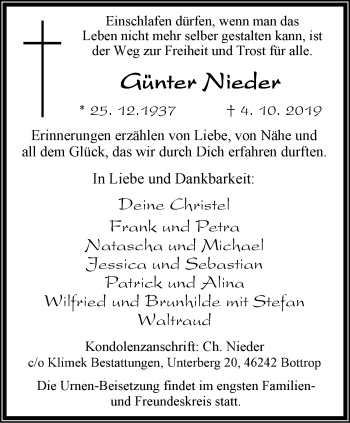 Traueranzeige von Günter Nieder von Stadtspiegel Bottrop