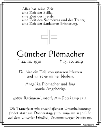 Traueranzeige von Günther Plömacher von WVW Anzeigenblätter