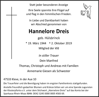 Traueranzeige von Hannelore Dreis von Klever Wochenblatt