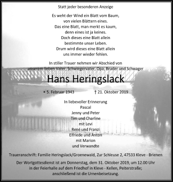 Traueranzeige von Hans Heringslack von Klever Wochenblatt