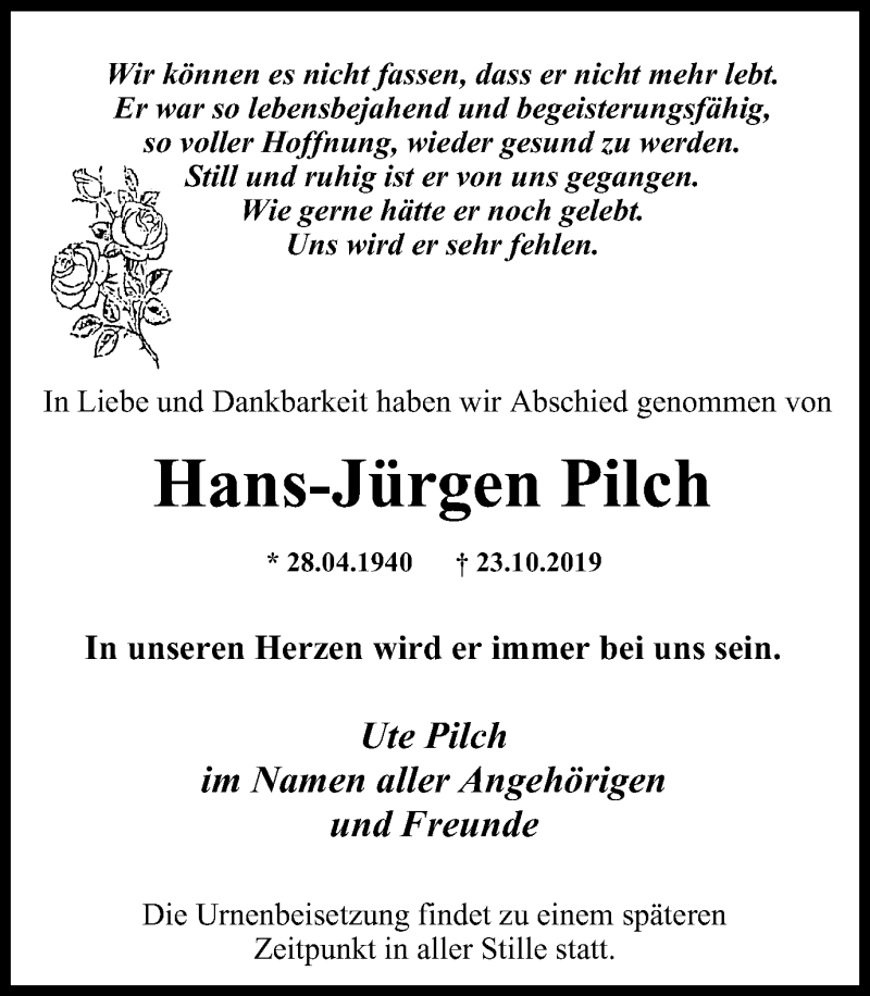 Traueranzeige für Hans-Jürgen Pilch vom 30.10.2019 aus Stadtanz.Castrop-Rauxel