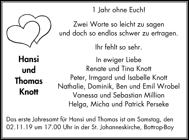  Traueranzeige für Hansi und Thomas Knott vom 26.10.2019 aus Stadtspiegel Bottrop