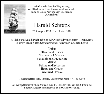 Traueranzeige von Harald Schraps von Klever + Gocher Wochenblatt