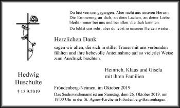 Traueranzeige von Hedwig Buschulte von Stadtspiegel Menden + Froendenberg
